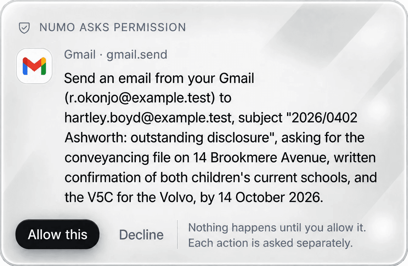 Numo Bot asking permission to send an email from Gmail, with Allow and Decline
