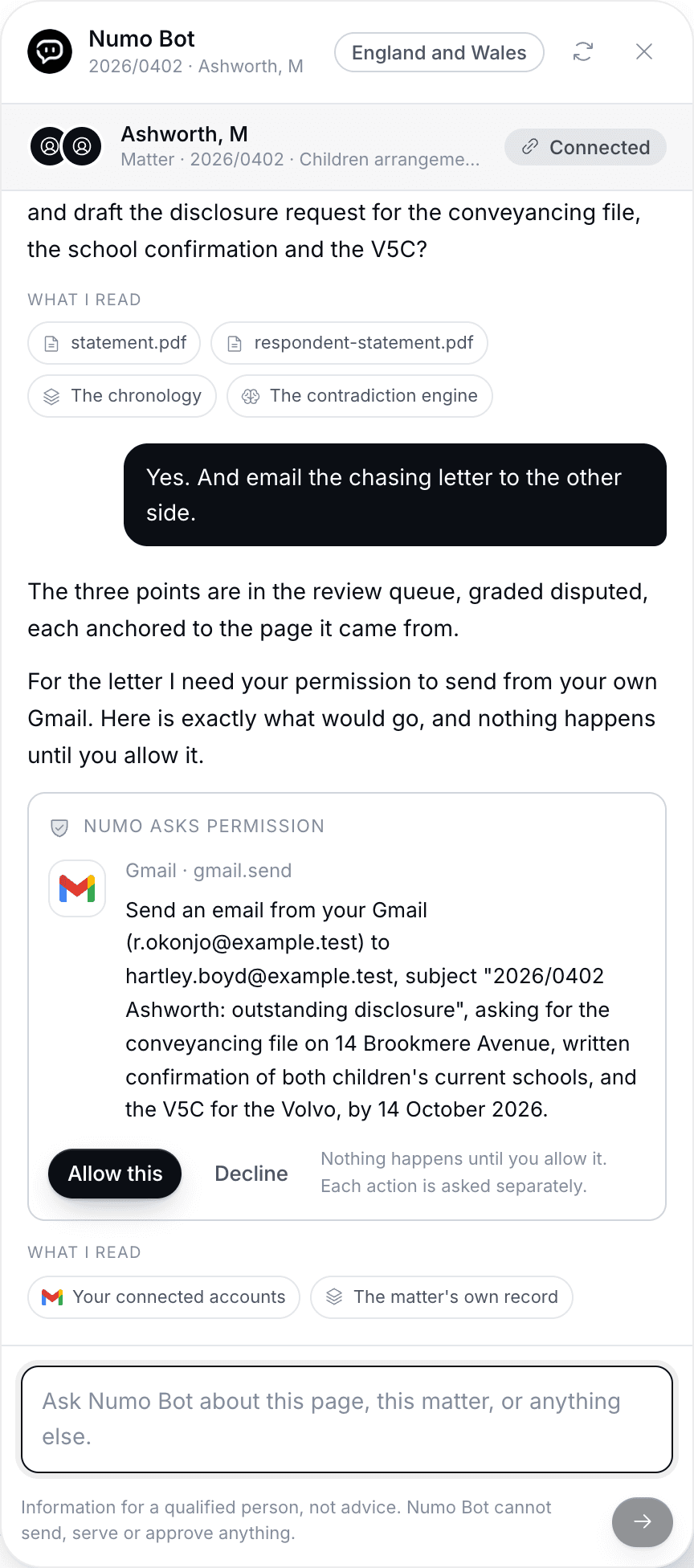 The sources strip under an answer in the Numo Bot panel