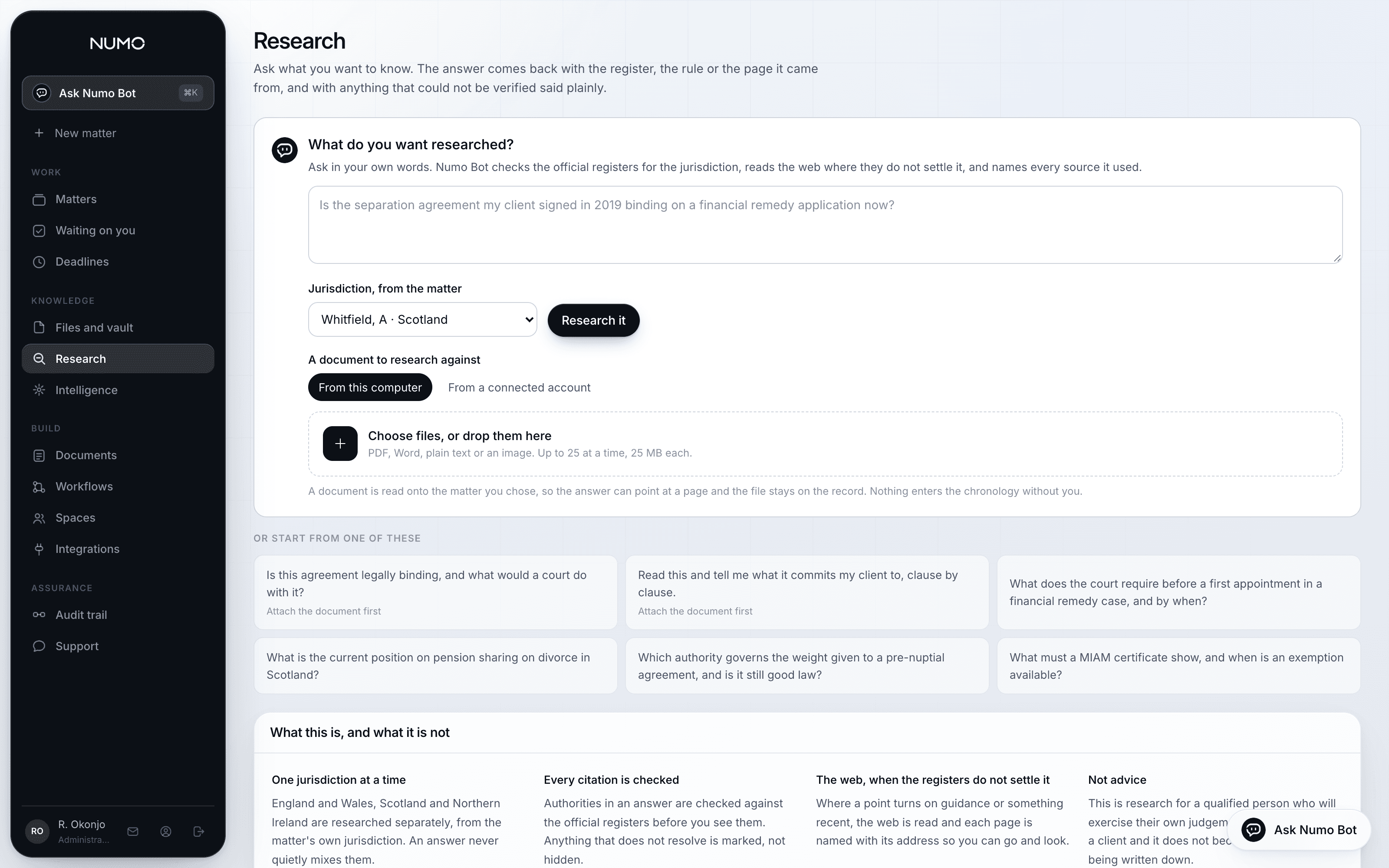 The research page in Numo Law, with an answer and its sources
