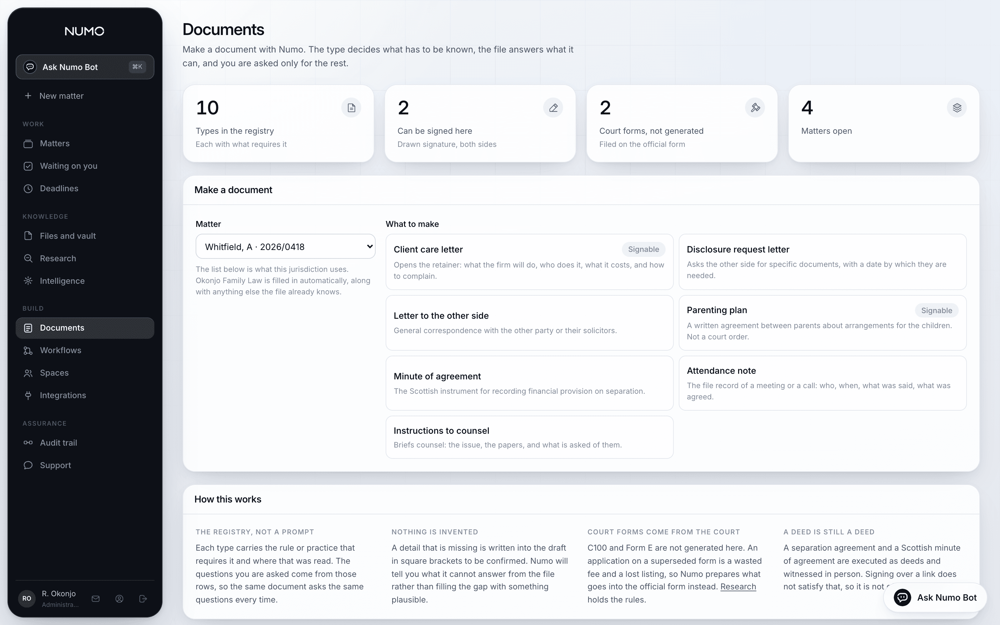 The documents page in Numo Law, built from the registry