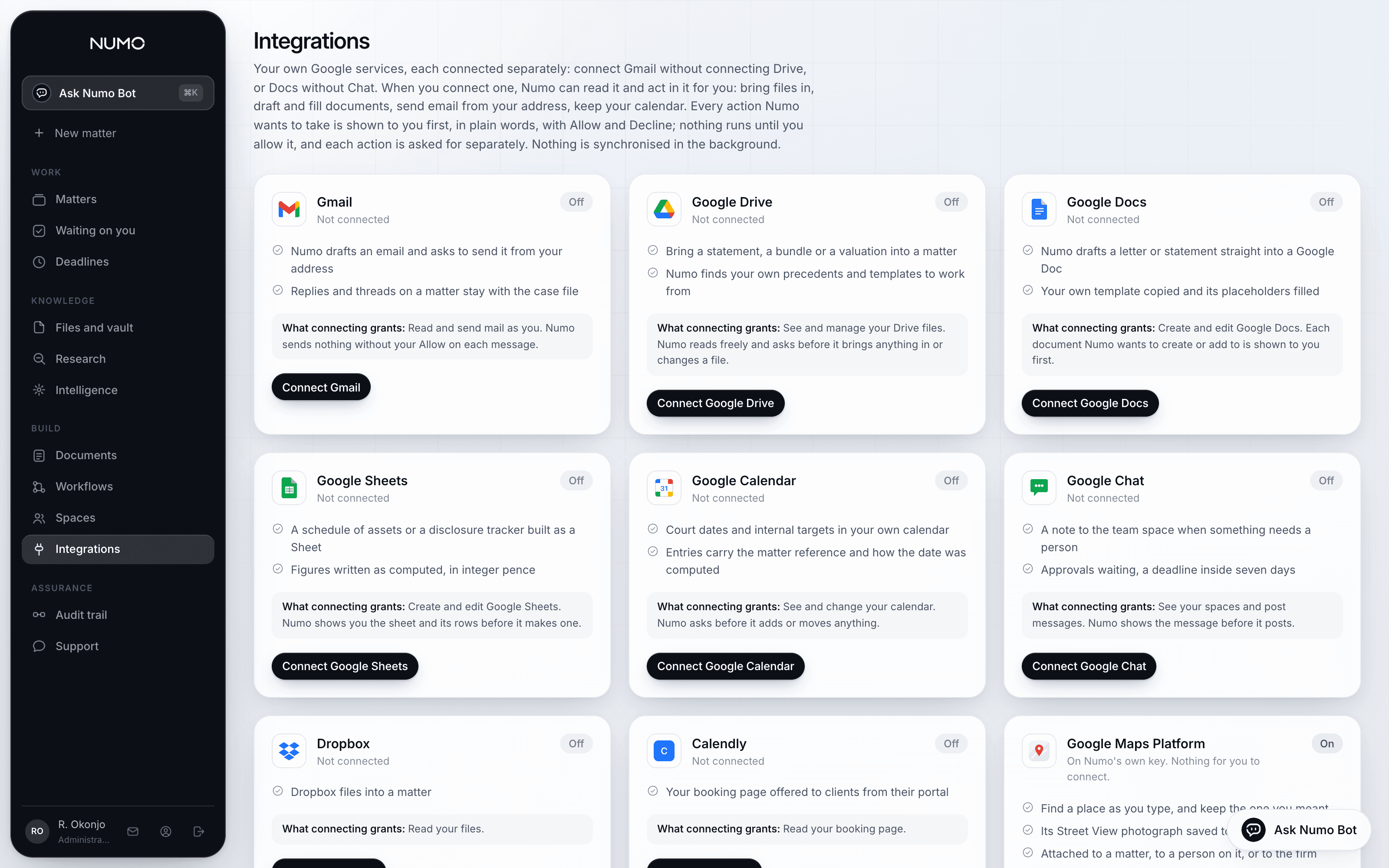 The integrations page in Numo Law, with each service connected separately