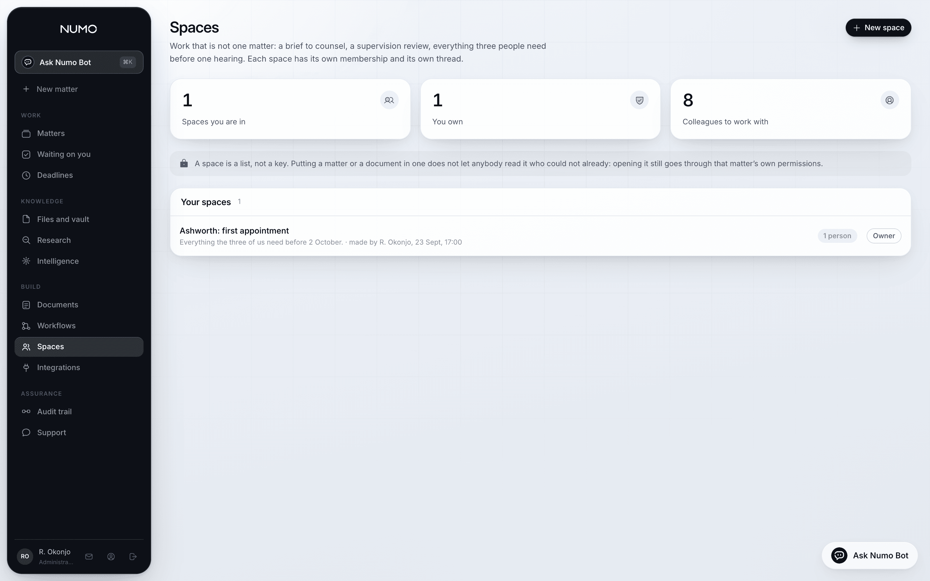 Notifications from a workflow reaching a team space in Numo Law
