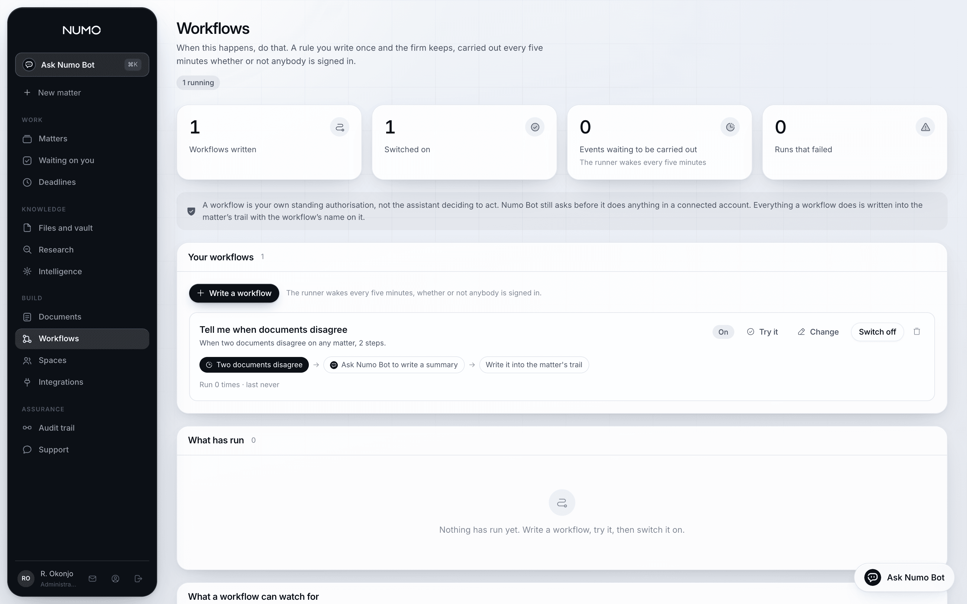 The workflow builder in Numo Law, showing a trigger and its steps